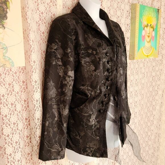 Vintage 90s logo instant chic black tapestry floral ruffle button blazer Sz 18 - Picture 2 of 12